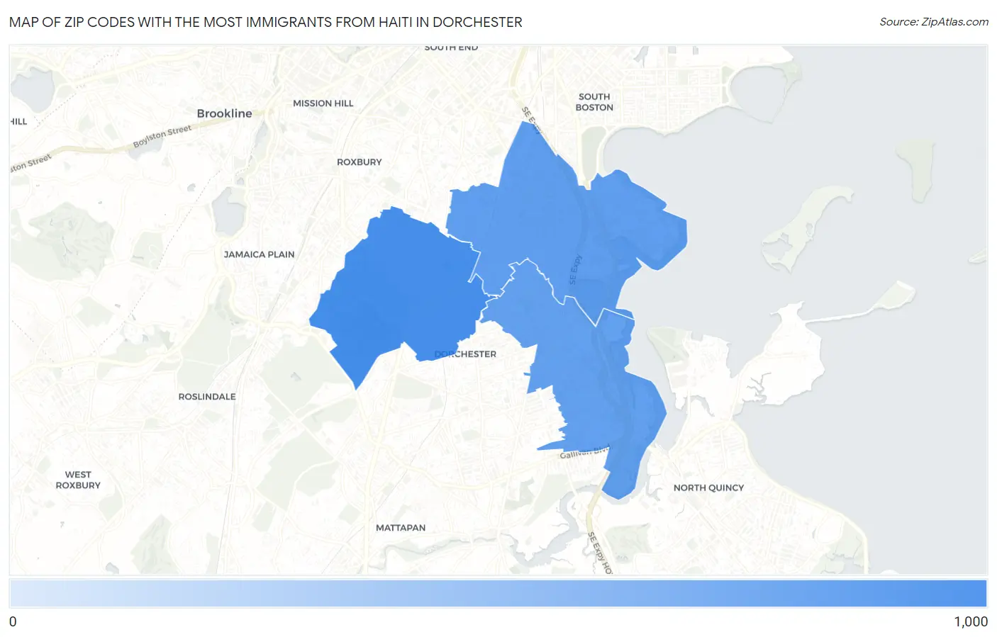 Zip Codes with the Most Immigrants from Haiti in Dorchester Map