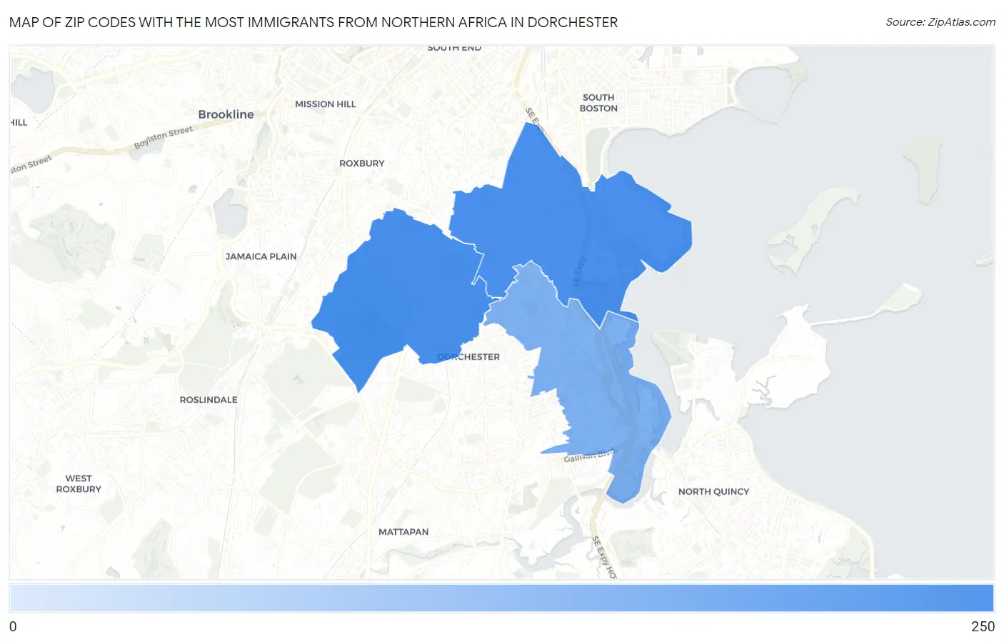 Zip Codes with the Most Immigrants from Northern Africa in Dorchester Map