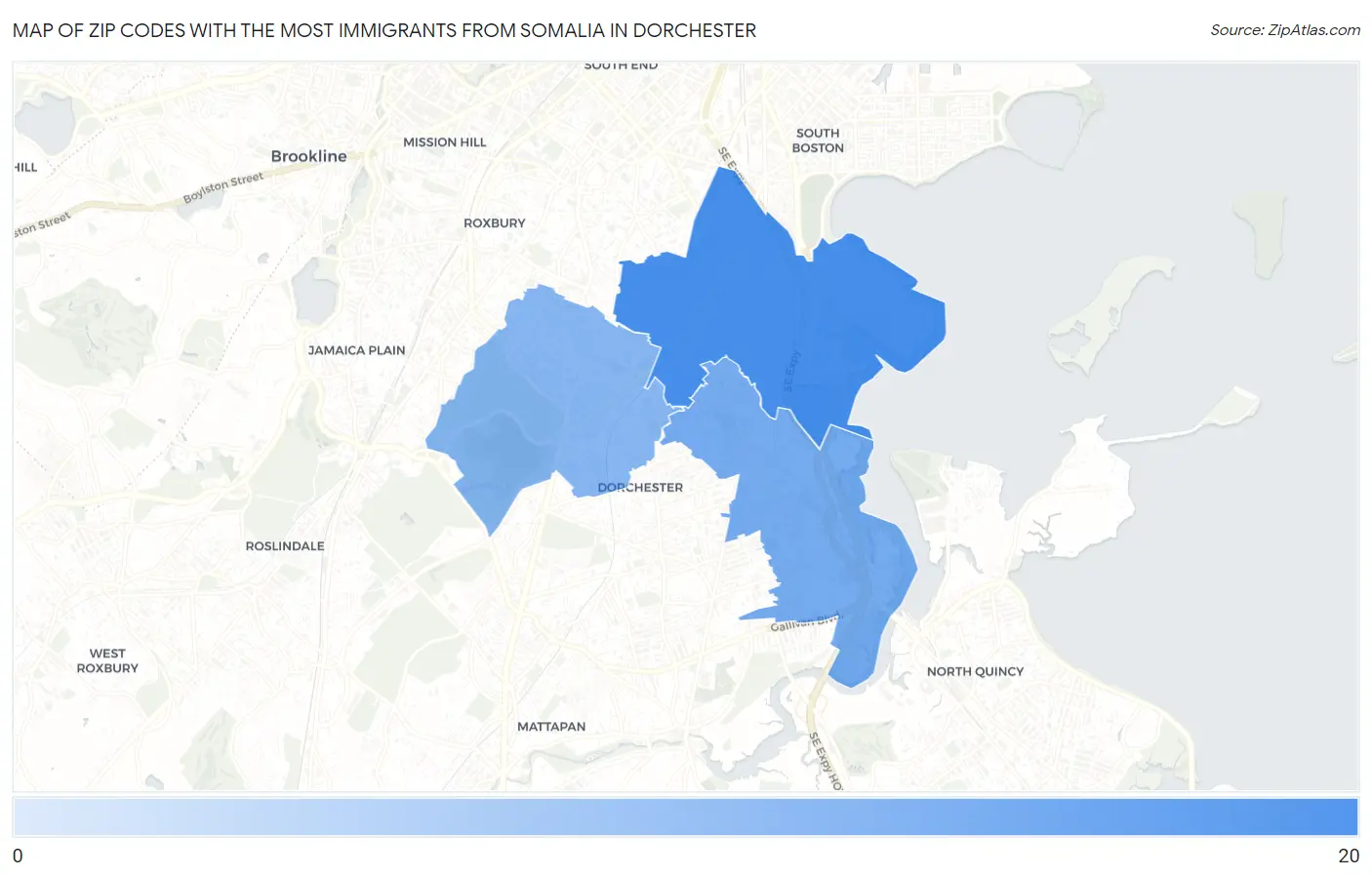 Zip Codes with the Most Immigrants from Somalia in Dorchester Map