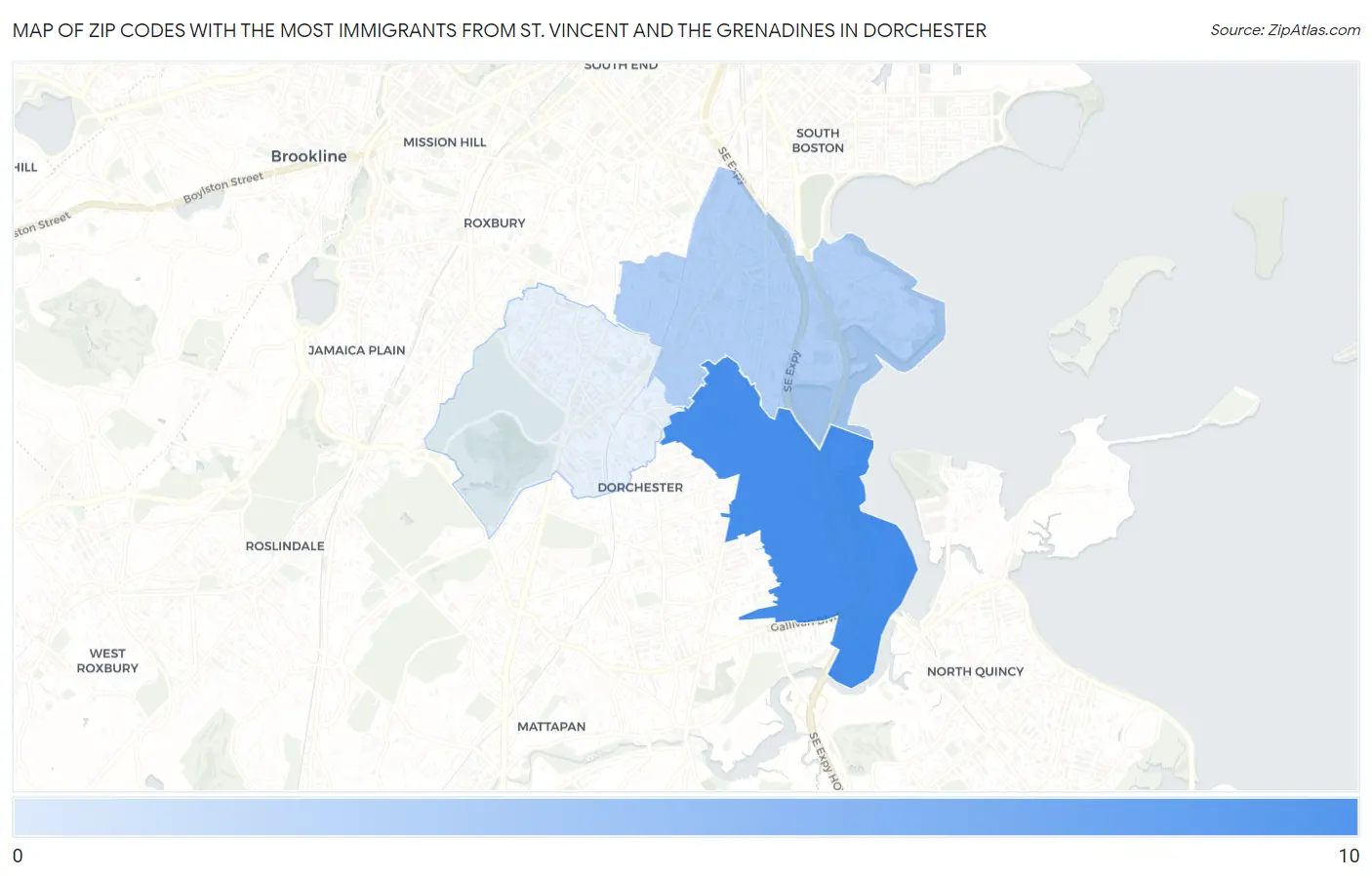 Zip Codes with the Most Immigrants from St. Vincent and the Grenadines in Dorchester Map