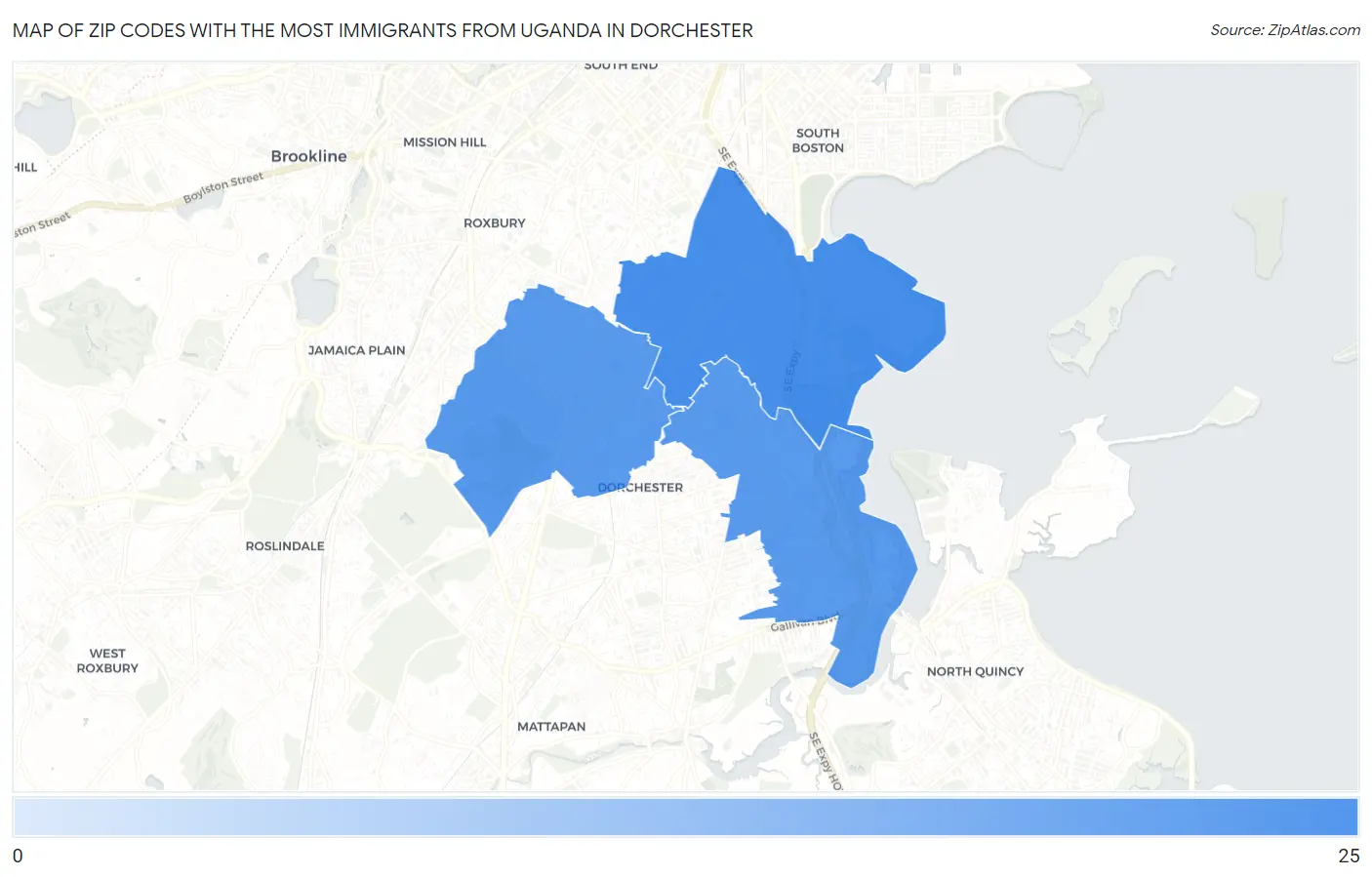 Zip Codes with the Most Immigrants from Uganda in Dorchester Map