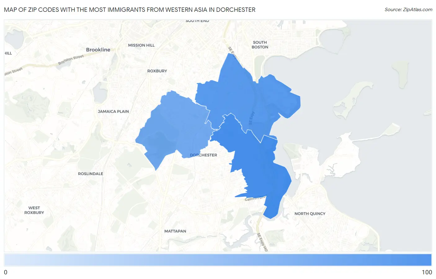 Zip Codes with the Most Immigrants from Western Asia in Dorchester Map