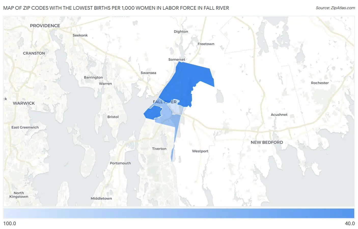 Zip Codes with the Lowest Births per 1,000 Women in Labor Force in Fall River Map