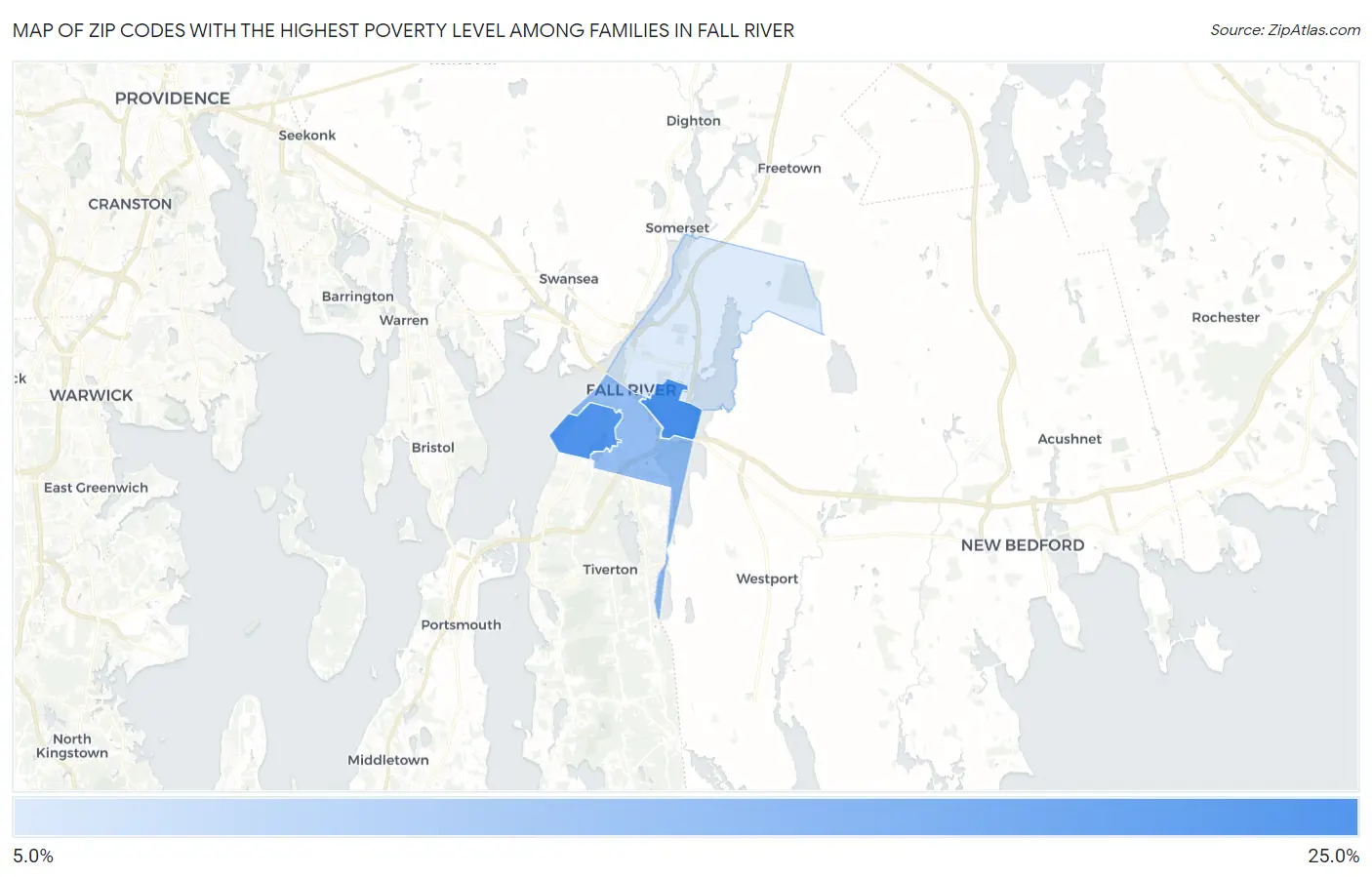 Zip Codes with the Highest Poverty Level Among Families in Fall River Map