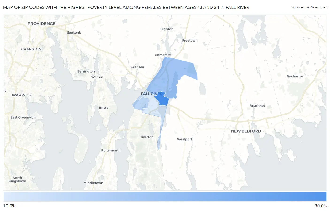 Zip Codes with the Highest Poverty Level Among Females Between Ages 18 and 24 in Fall River Map