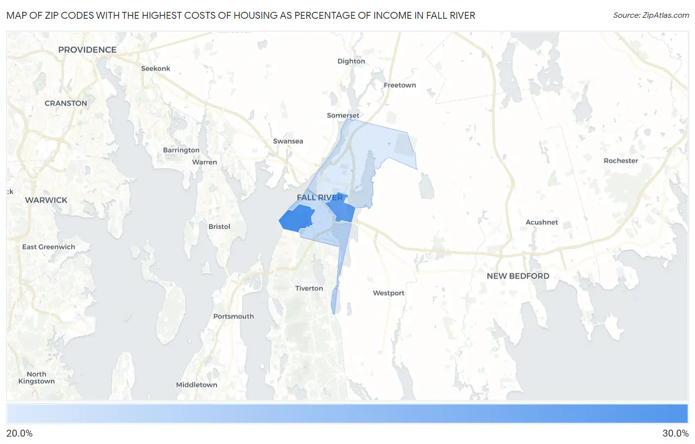 Zip Codes with the Highest Costs of Housing as Percentage of Income in Fall River Map