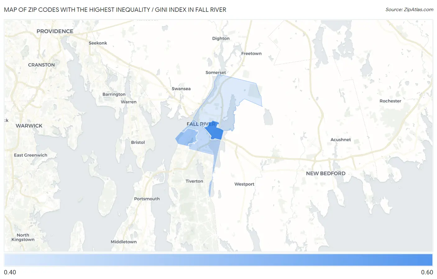 Zip Codes with the Highest Inequality / Gini Index in Fall River Map