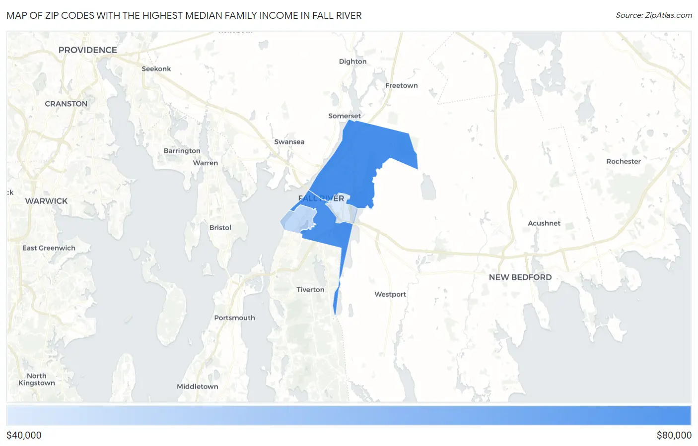 Zip Codes with the Highest Median Family Income in Fall River Map