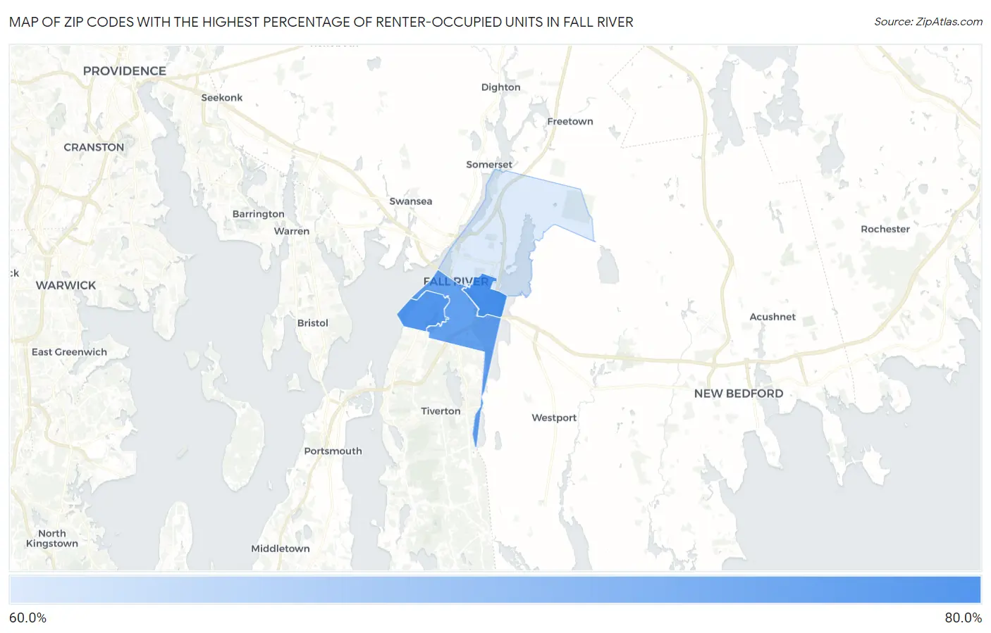 Zip Codes with the Highest Percentage of Renter-Occupied Units in Fall River Map