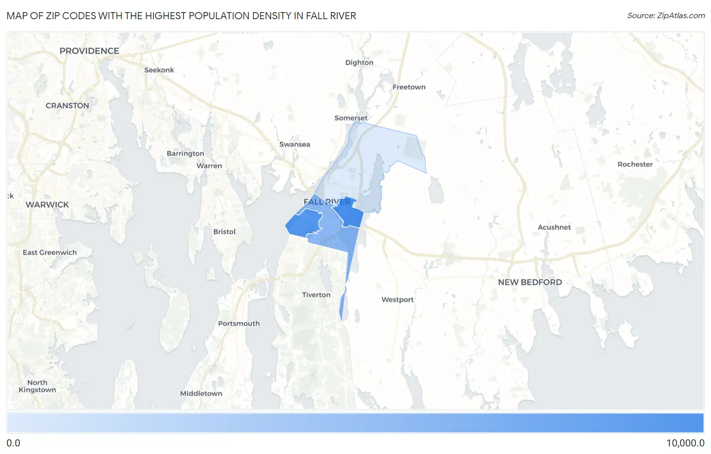 Zip Codes with the Highest Population Density in Fall River Map