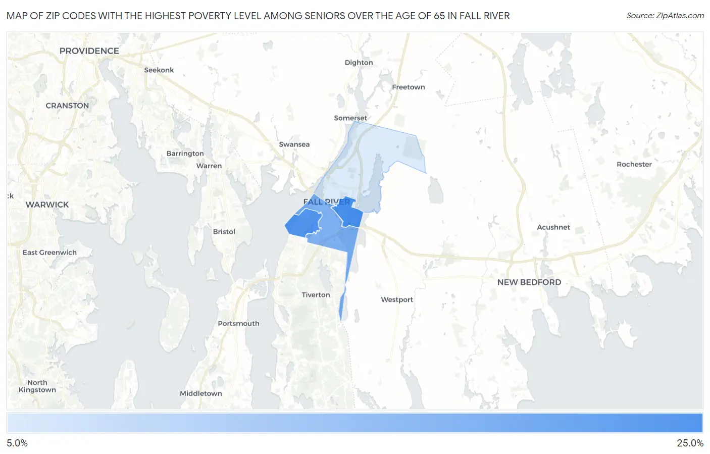 Zip Codes with the Highest Poverty Level Among Seniors Over the Age of 65 in Fall River Map