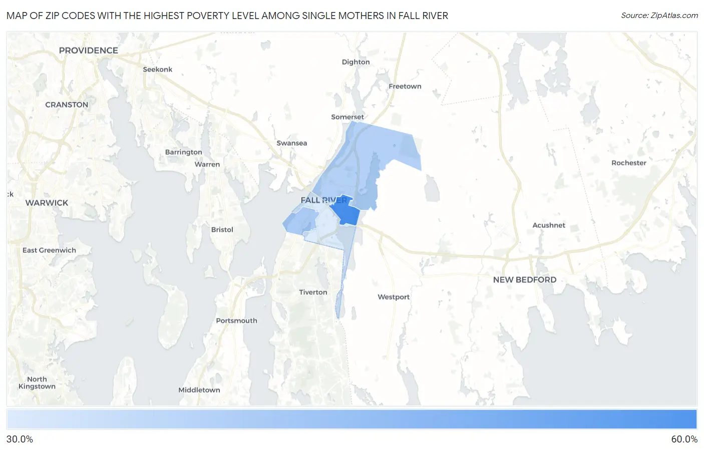 Zip Codes with the Highest Poverty Level Among Single Mothers in Fall River Map