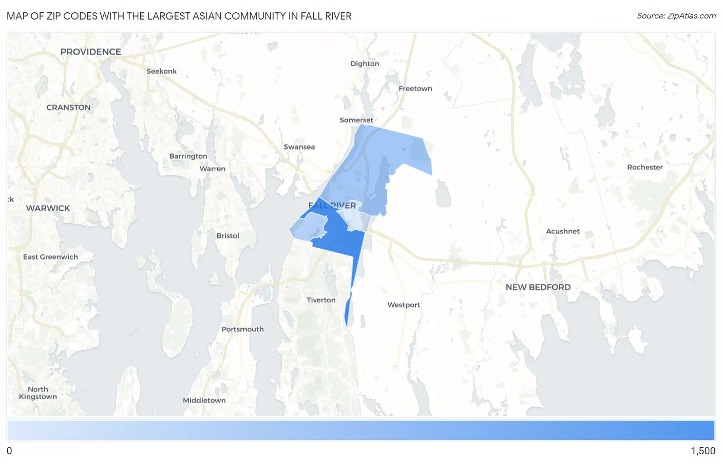 Zip Codes with the Largest Asian Community in Fall River Map