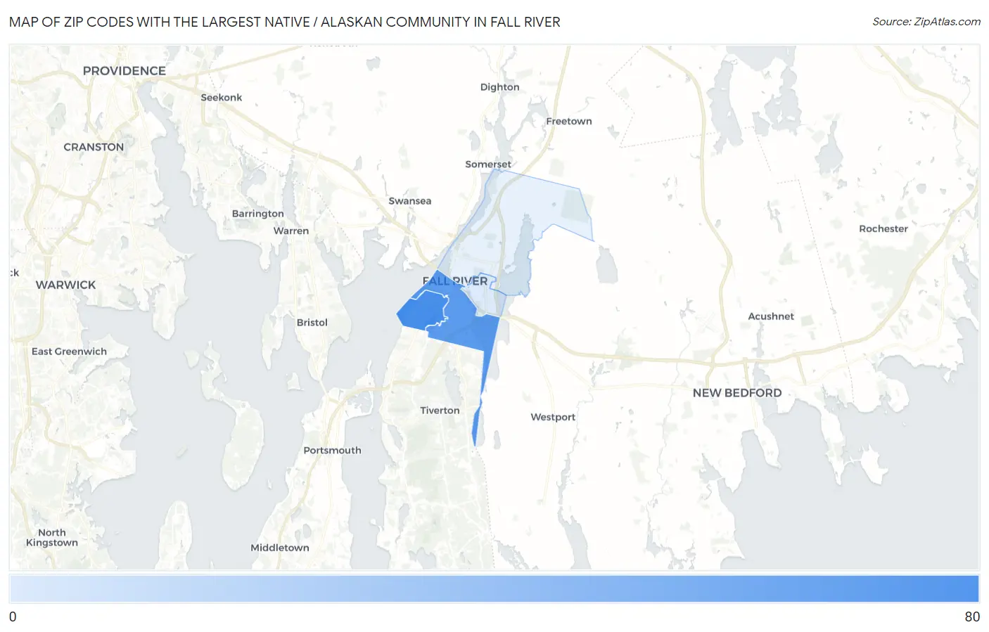 Zip Codes with the Largest Native / Alaskan Community in Fall River Map