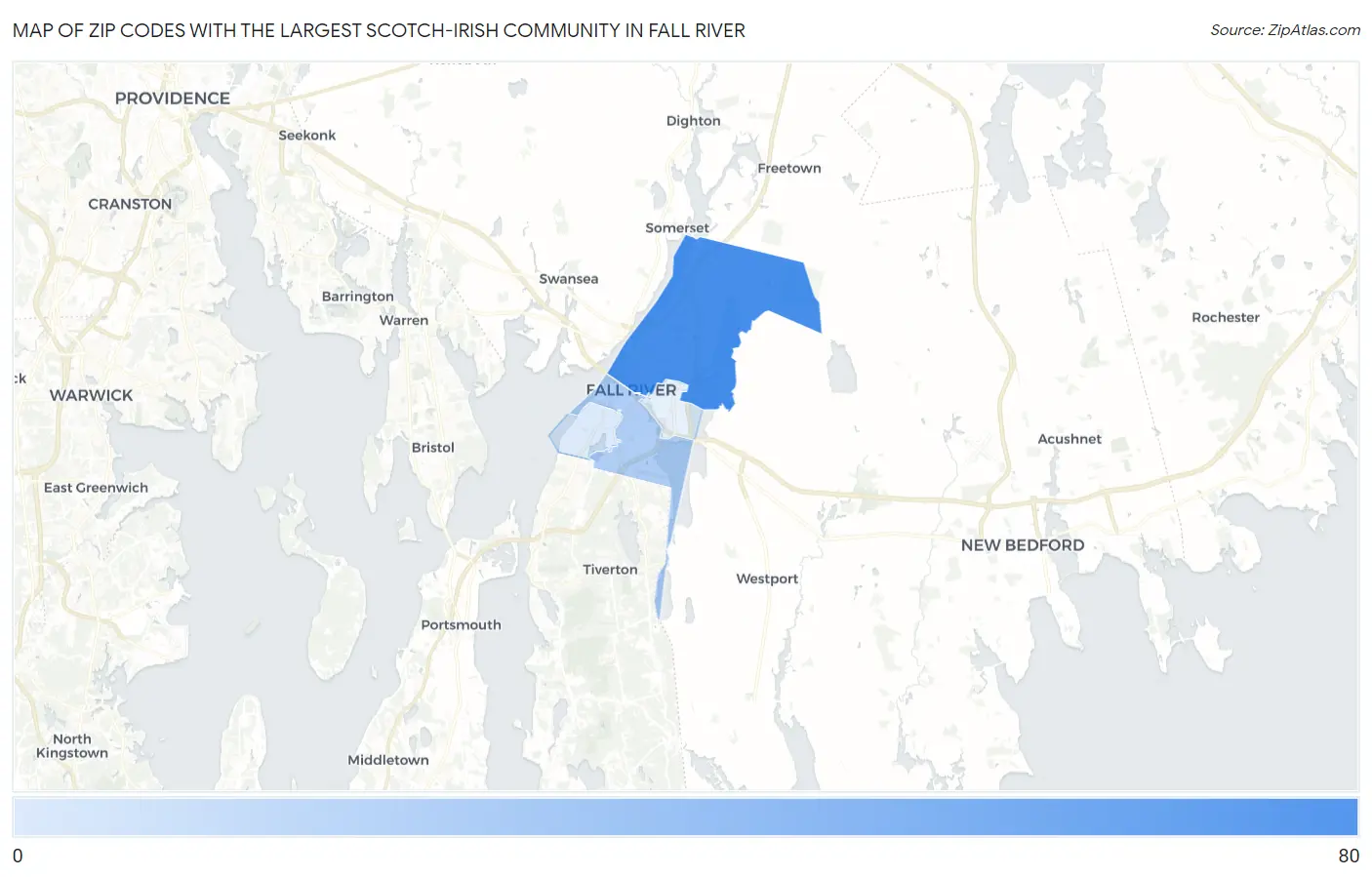 Zip Codes with the Largest Scotch-Irish Community in Fall River Map