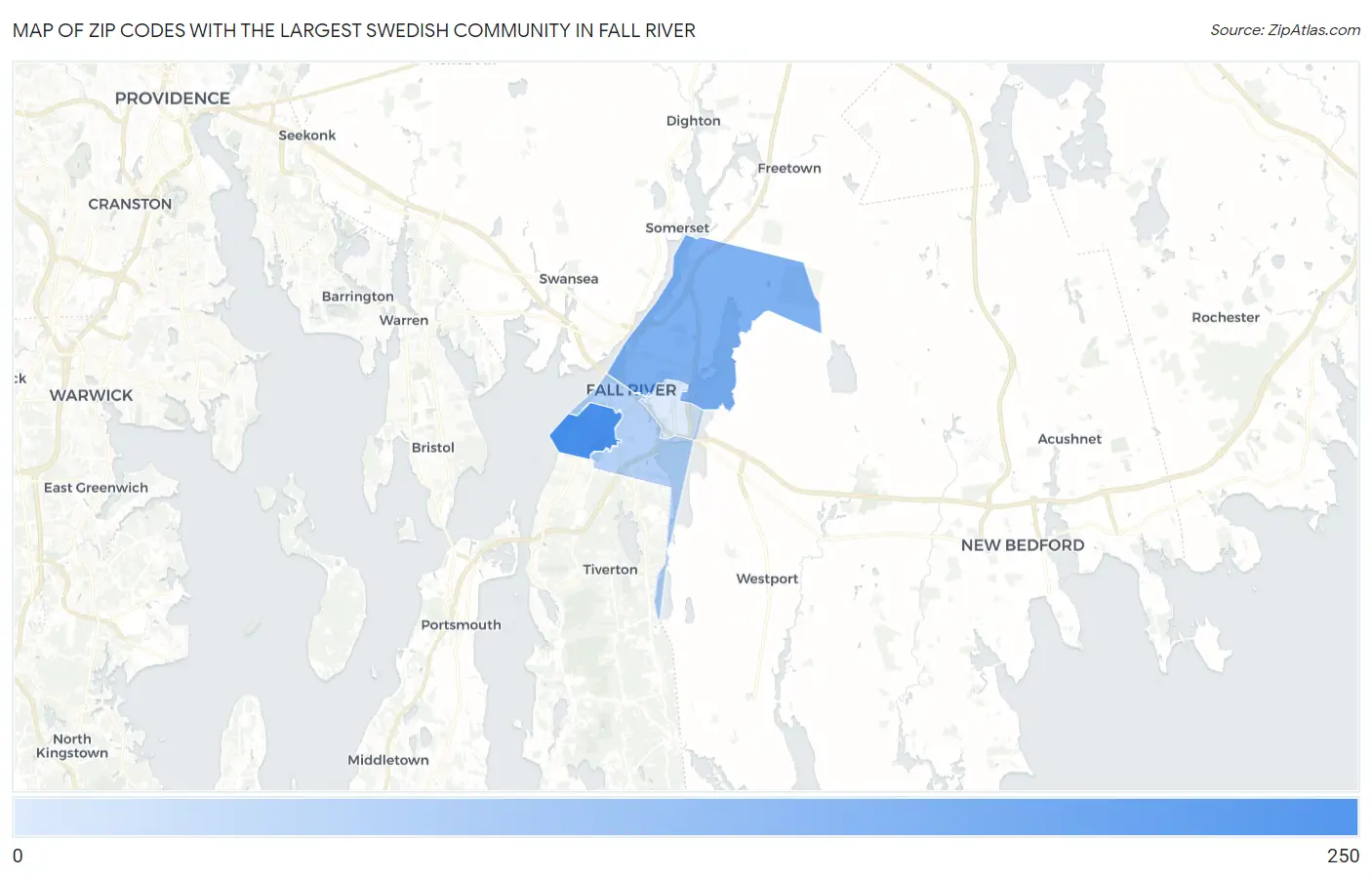 Zip Codes with the Largest Swedish Community in Fall River Map