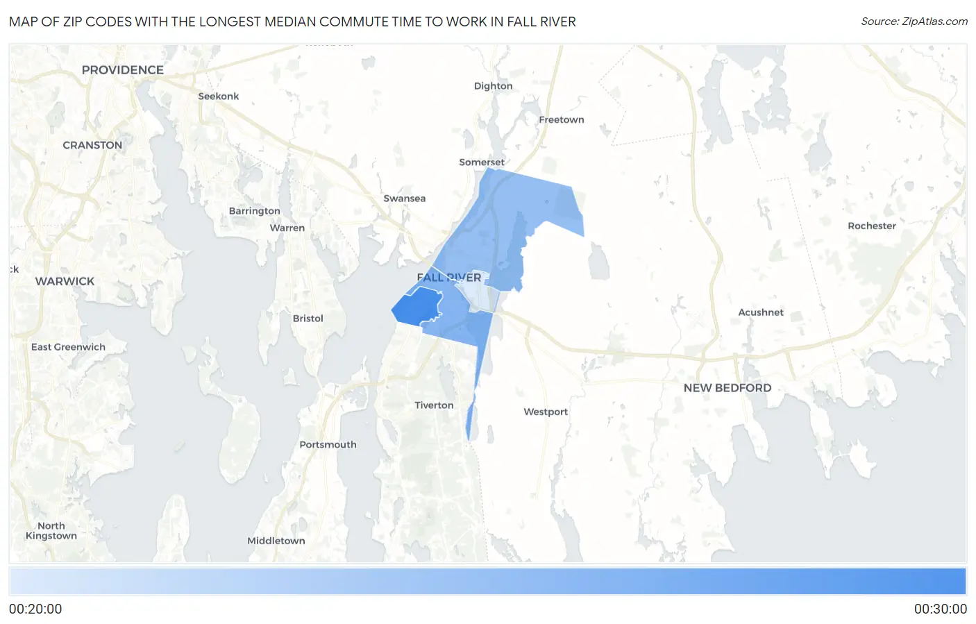Zip Codes with the Longest Median Commute Time to Work in Fall River Map