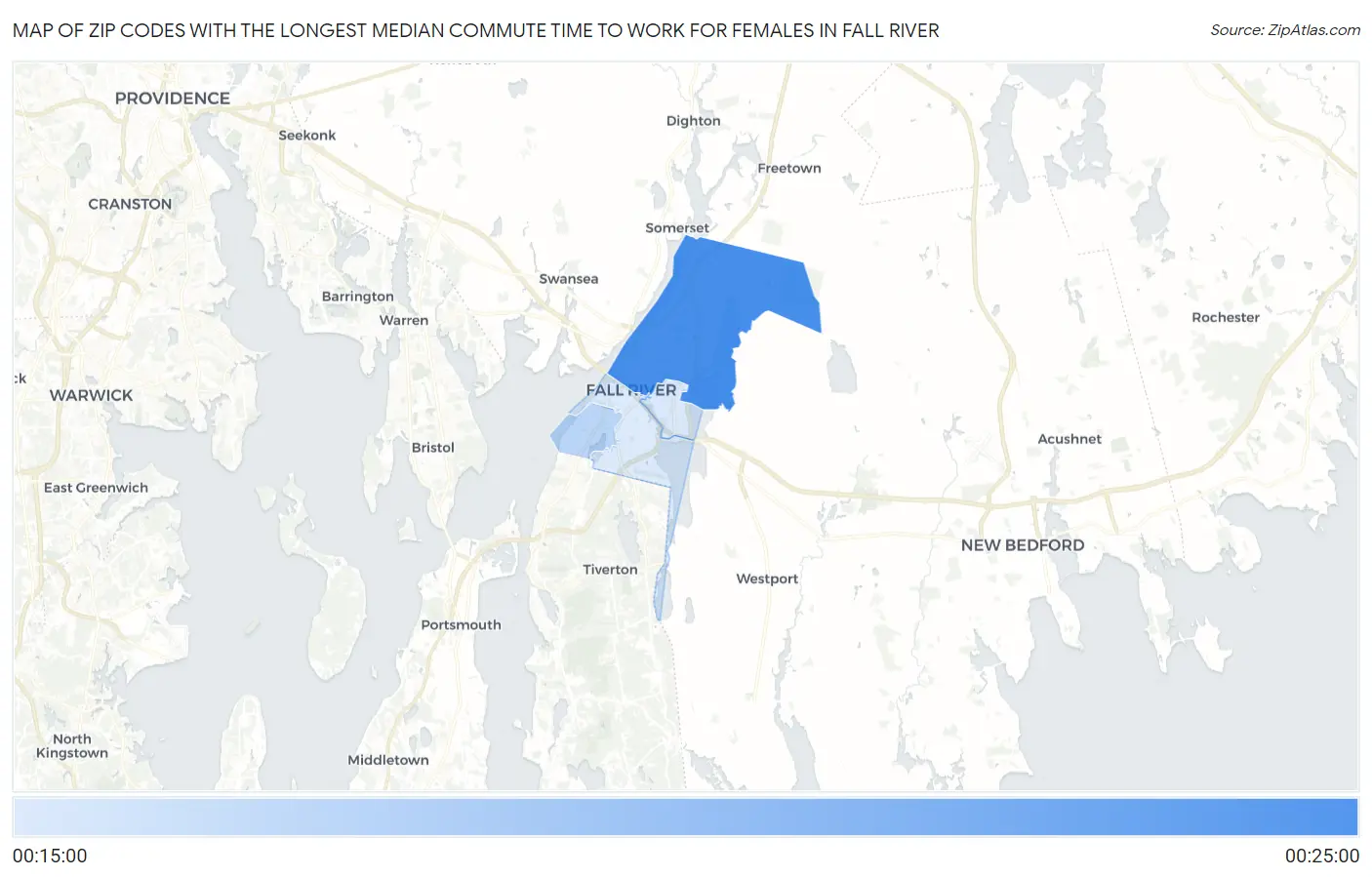 Zip Codes with the Longest Median Commute Time to Work for Females in Fall River Map