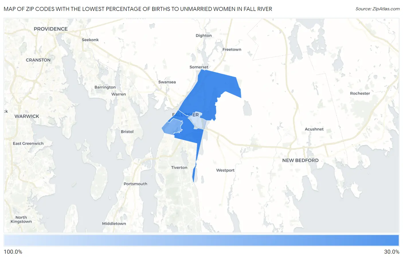 Zip Codes with the Lowest Percentage of Births to Unmarried Women in Fall River Map