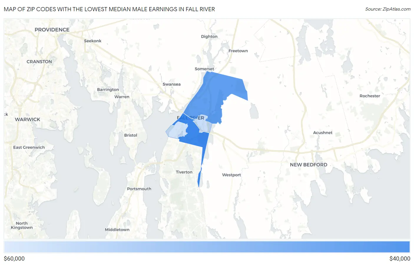Zip Codes with the Lowest Median Male Earnings in Fall River Map