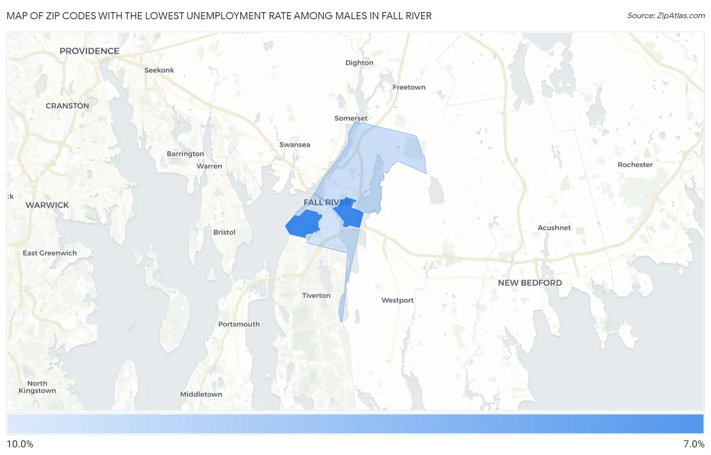 Zip Codes with the Lowest Unemployment Rate Among Males in Fall River Map