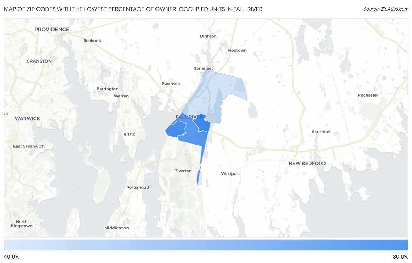 Zip Codes with the Lowest Percentage of Owner-Occupied Units in Fall River Map