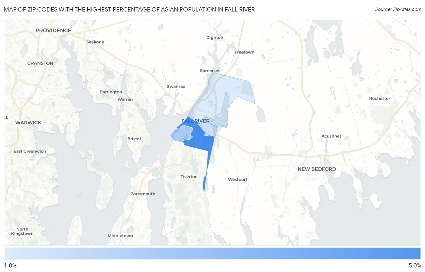 Zip Codes with the Highest Percentage of Asian Population in Fall River Map