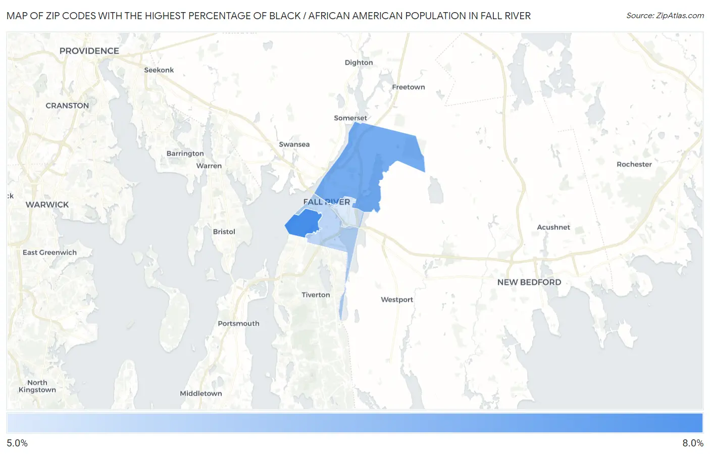 Zip Codes with the Highest Percentage of Black / African American Population in Fall River Map