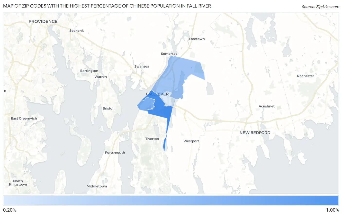 Zip Codes with the Highest Percentage of Chinese Population in Fall River Map