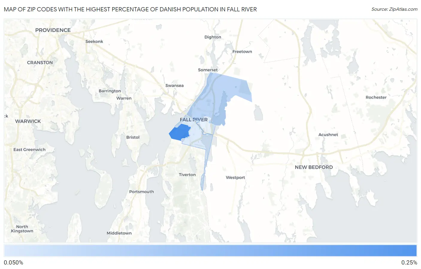 Zip Codes with the Highest Percentage of Danish Population in Fall River Map
