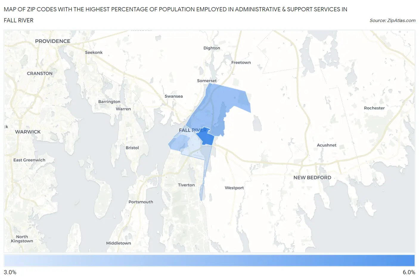 Zip Codes with the Highest Percentage of Population Employed in Administrative & Support Services in Fall River Map