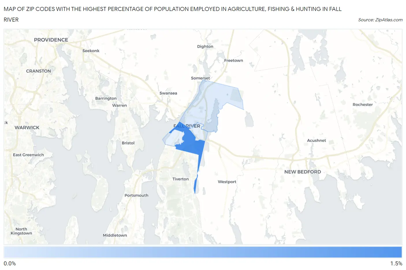 Zip Codes with the Highest Percentage of Population Employed in Agriculture, Fishing & Hunting in Fall River Map