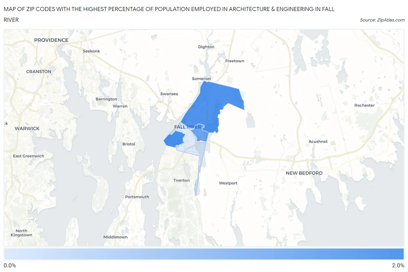 Zip Codes with the Highest Percentage of Population Employed in Architecture & Engineering in Fall River Map