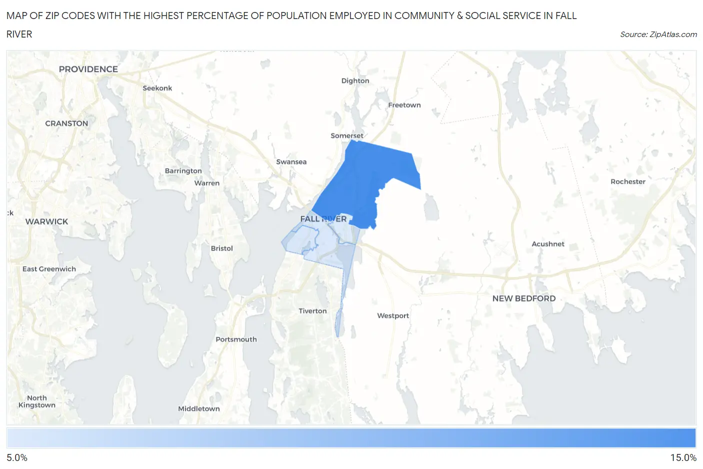 Zip Codes with the Highest Percentage of Population Employed in Community & Social Service  in Fall River Map