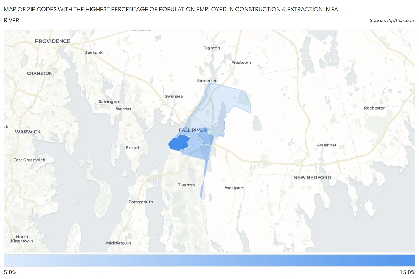 Zip Codes with the Highest Percentage of Population Employed in Construction & Extraction in Fall River Map