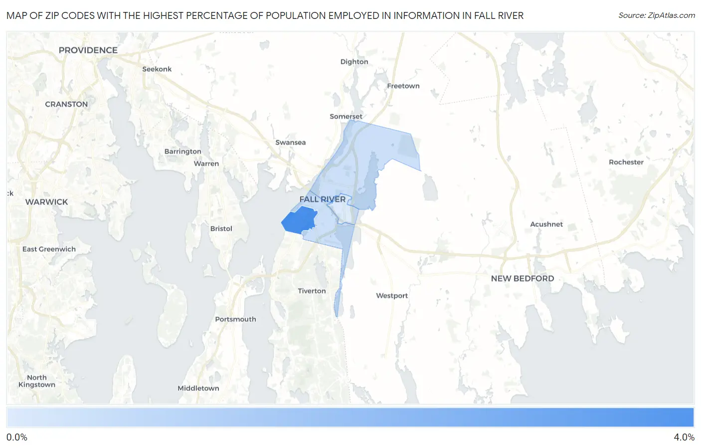 Zip Codes with the Highest Percentage of Population Employed in Information in Fall River Map