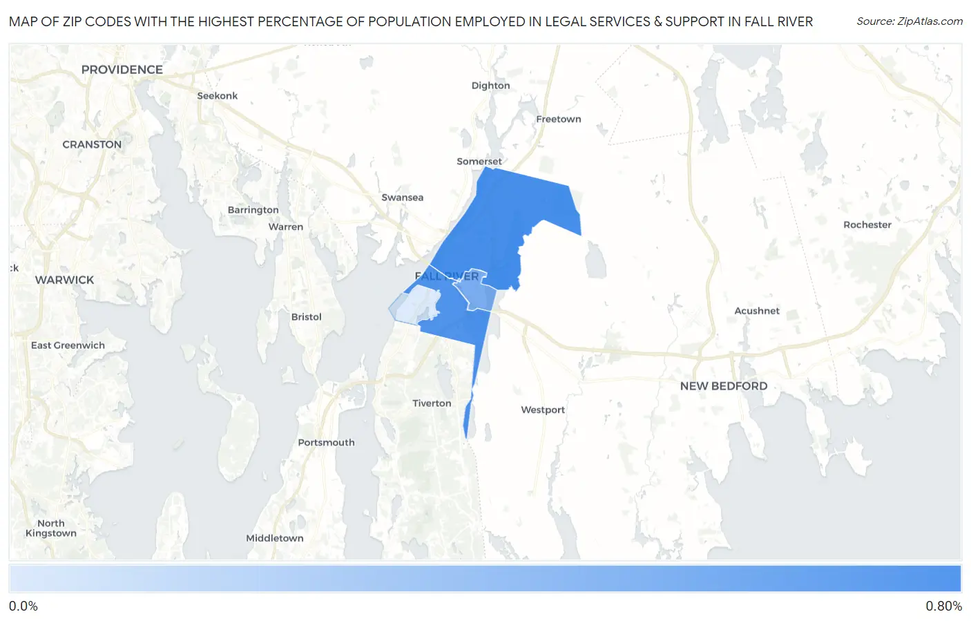 Zip Codes with the Highest Percentage of Population Employed in Legal Services & Support in Fall River Map