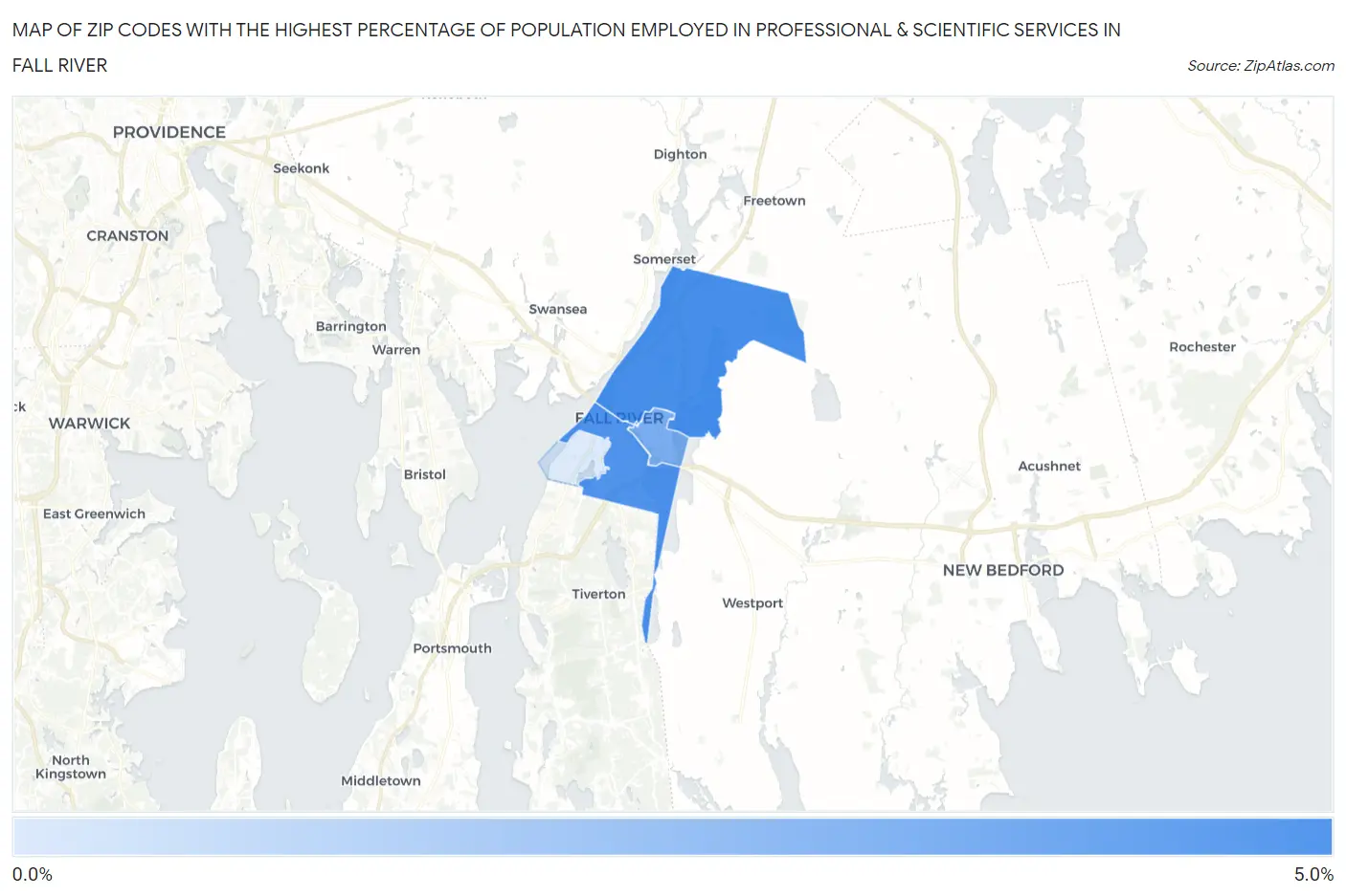 Zip Codes with the Highest Percentage of Population Employed in Professional & Scientific Services in Fall River Map