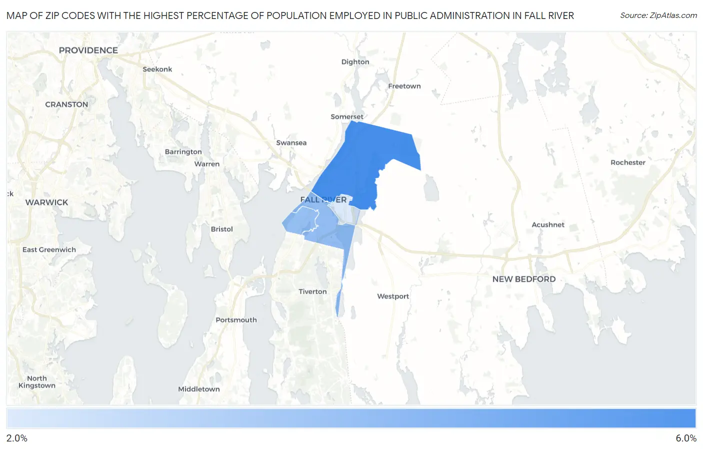 Zip Codes with the Highest Percentage of Population Employed in Public Administration in Fall River Map