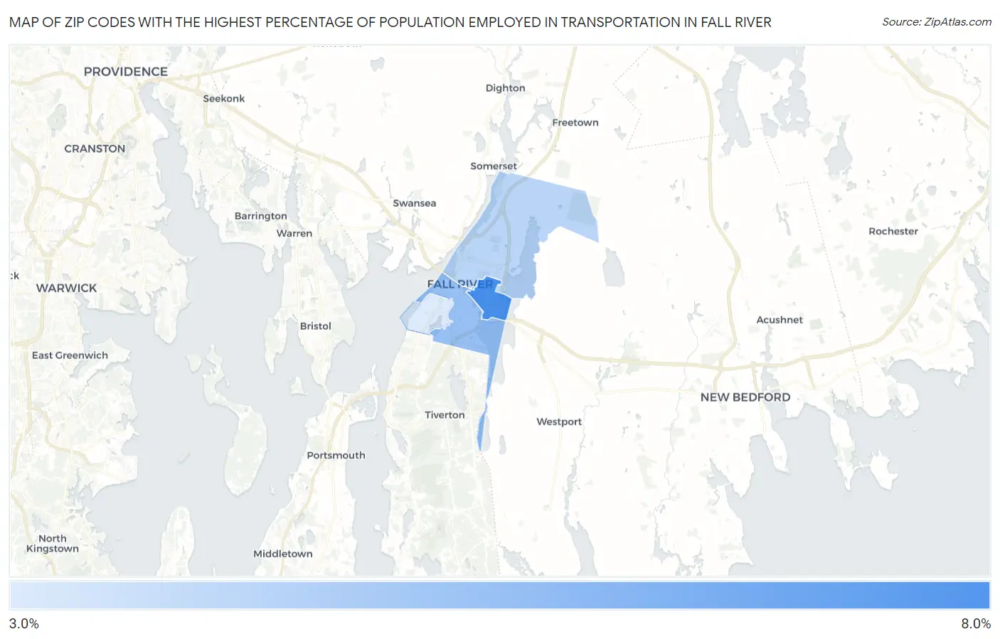 Zip Codes with the Highest Percentage of Population Employed in Transportation in Fall River Map
