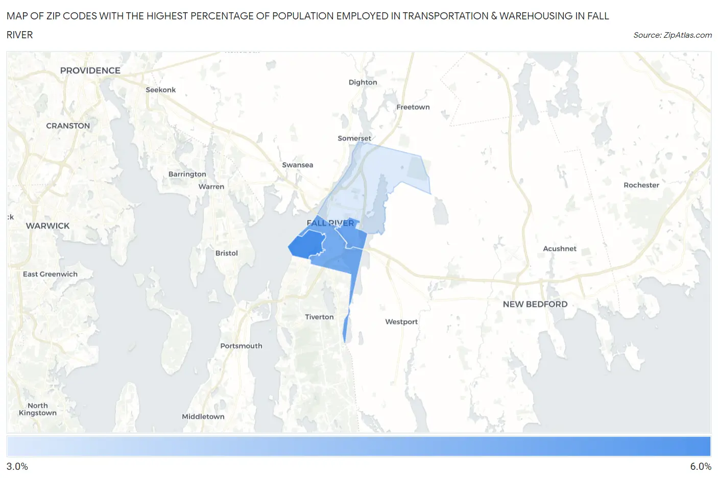 Zip Codes with the Highest Percentage of Population Employed in Transportation & Warehousing in Fall River Map