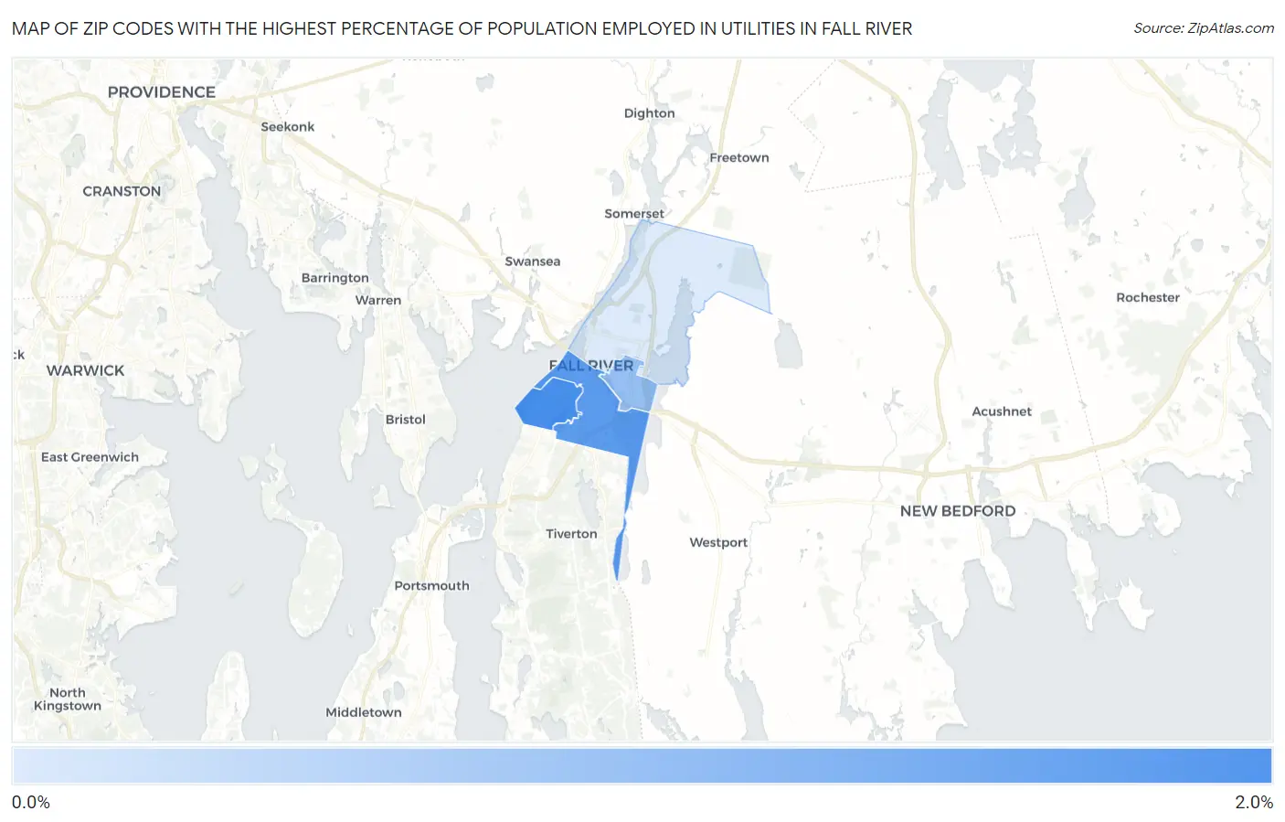 Zip Codes with the Highest Percentage of Population Employed in Utilities in Fall River Map