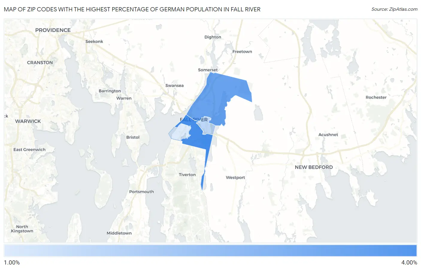 Zip Codes with the Highest Percentage of German Population in Fall River Map