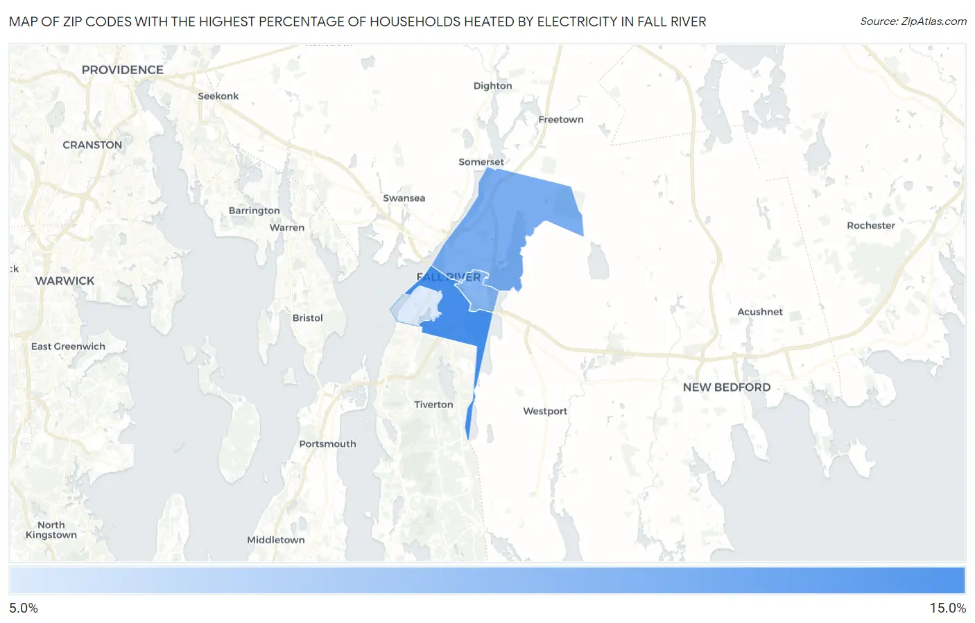 Zip Codes with the Highest Percentage of Households Heated by Electricity in Fall River Map