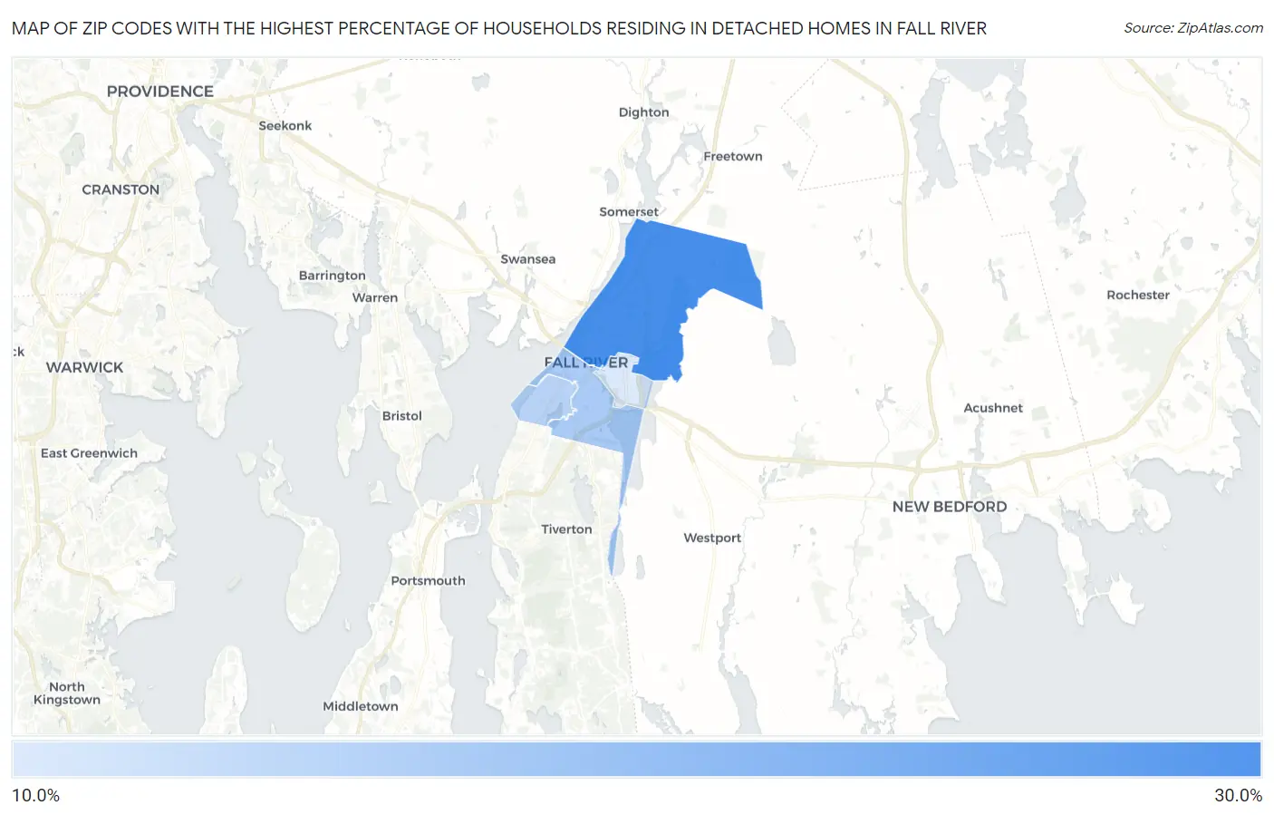 Zip Codes with the Highest Percentage of Households Residing in Detached Homes in Fall River Map