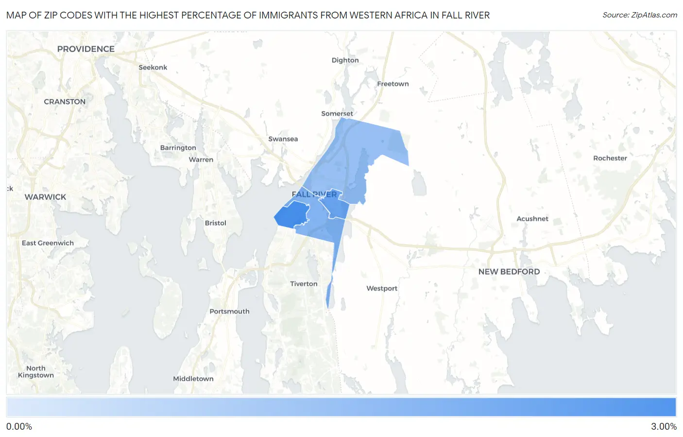 Zip Codes with the Highest Percentage of Immigrants from Western Africa in Fall River Map
