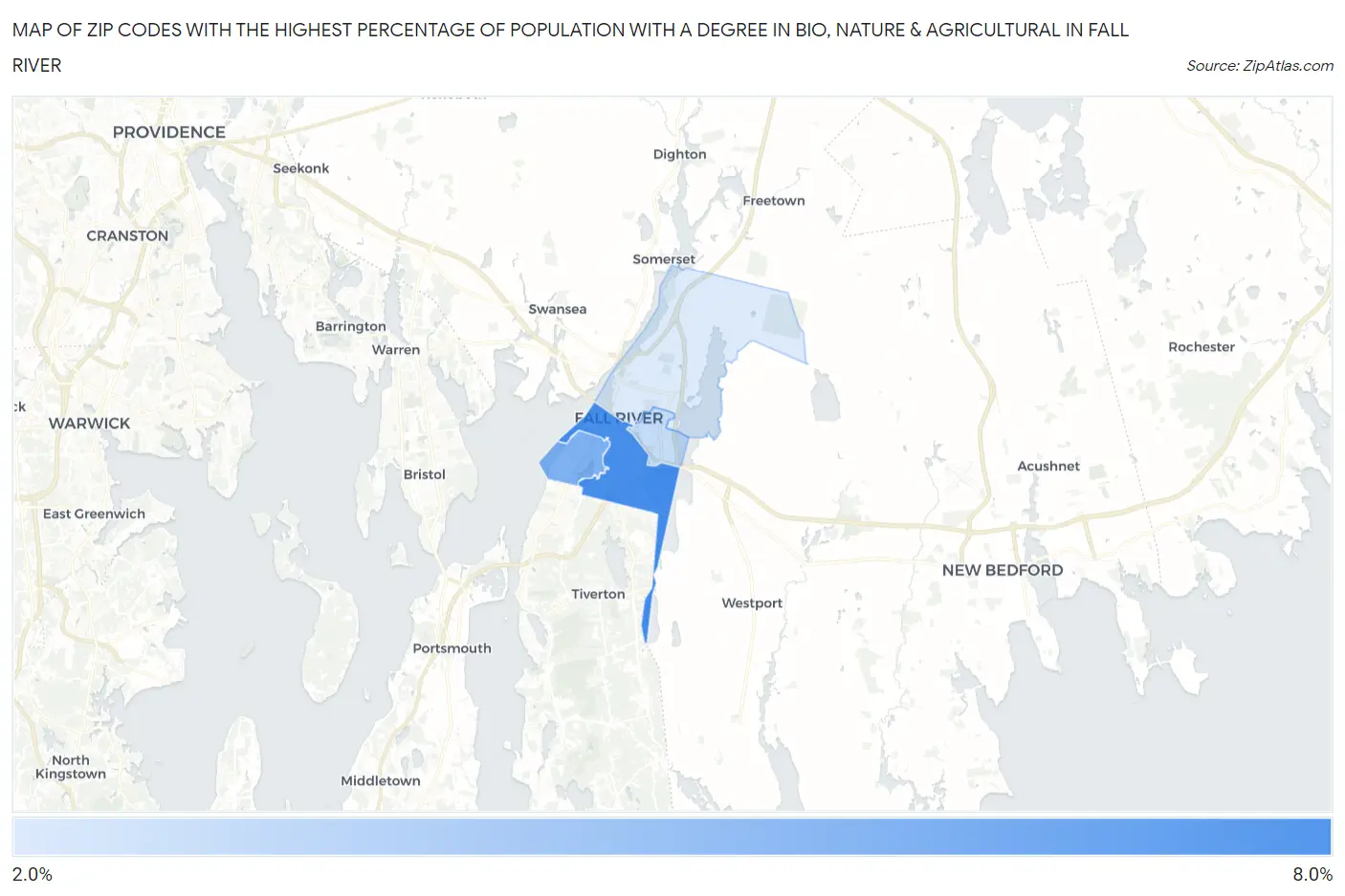 Zip Codes with the Highest Percentage of Population with a Degree in Bio, Nature & Agricultural in Fall River Map