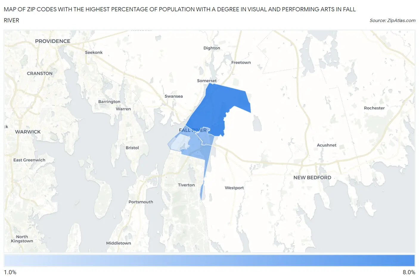 Zip Codes with the Highest Percentage of Population with a Degree in Visual and Performing Arts in Fall River Map