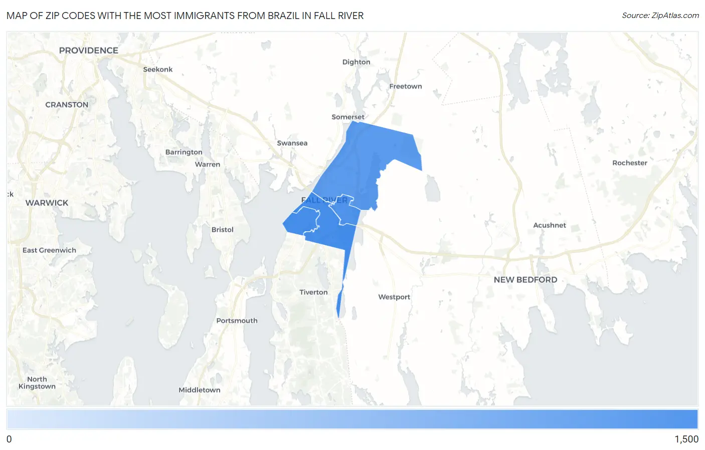 Zip Codes with the Most Immigrants from Brazil in Fall River Map