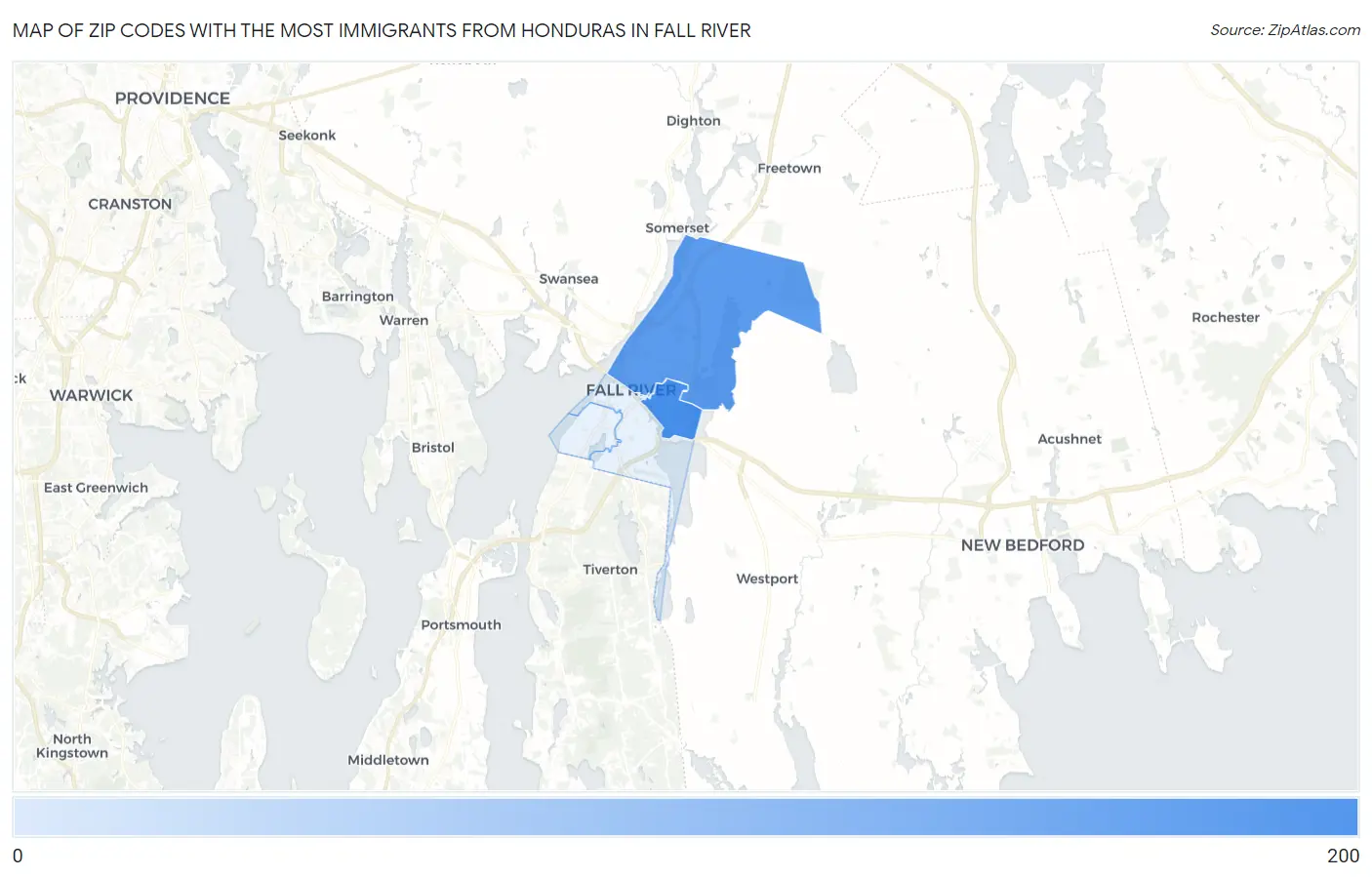 Zip Codes with the Most Immigrants from Honduras in Fall River Map